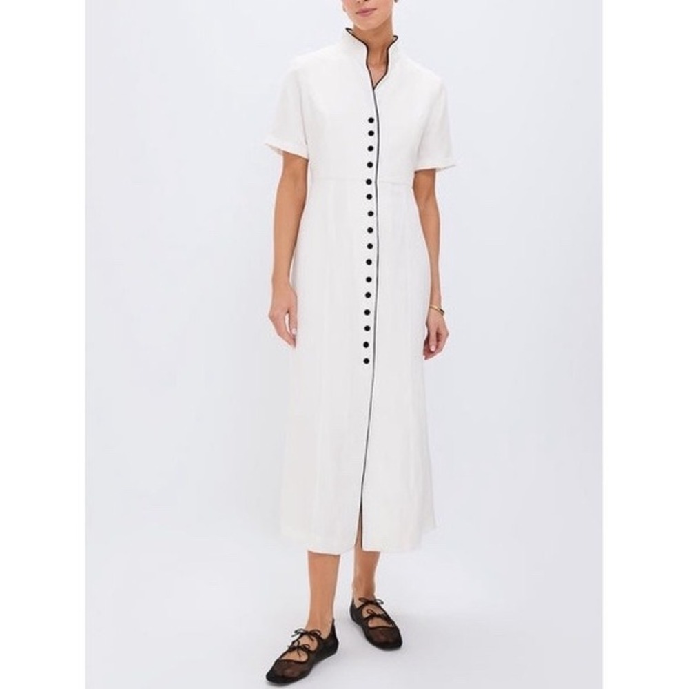 Tuckernuck White Linen Blend Contrast Button Midi Dress Small Mandarin Collar